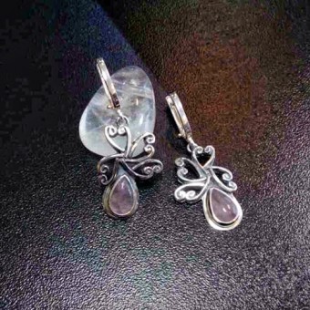 СРЕБЪРНИ ОБЕЦИ С РОЗОВ КВАРЦ, РЪЧНА ИЗРАБОТКА.