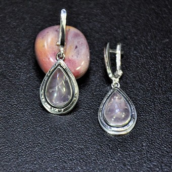 СРЕБЪРНИ ОБЕЦИ С РОЗОВ КВАРЦ, РЪЧНА ИЗРАБОТКА