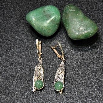 СРЕБЪРНИ ОБЕЦИ „ЛИСТ“ СЪС ЗЕЛЕН АВАНТЮРИН